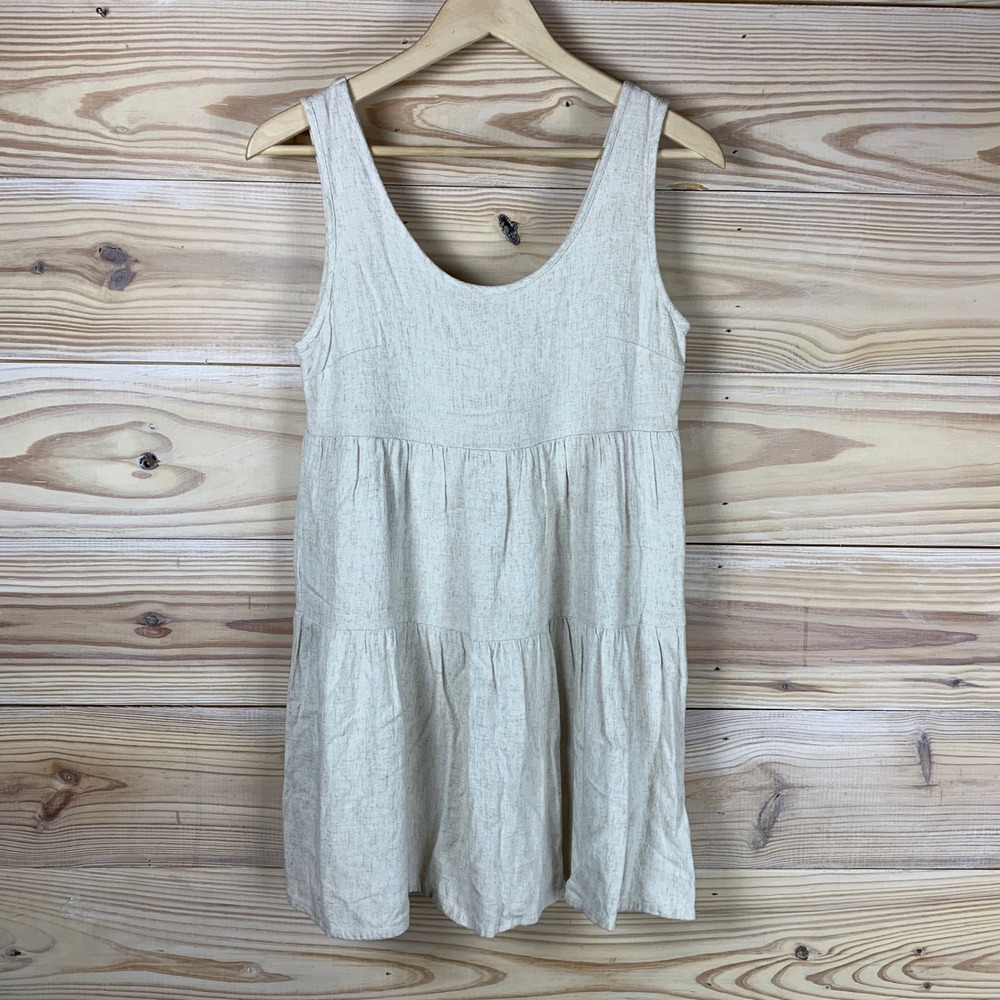 Pink Lily Romper Dress Women Medium Cream Linen Blend Tiered Babydoll Coastal